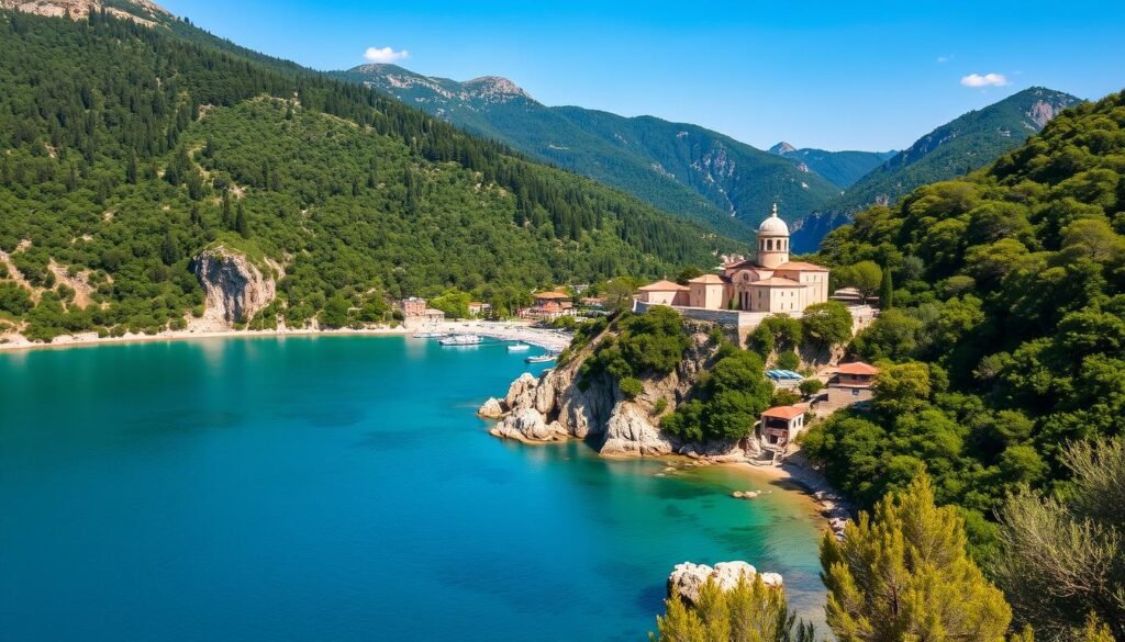 The lush green landscape and turquoise waters of Paleokastritsa in Corfu, showing why it's one of the best Greek islands for first-time travelers
