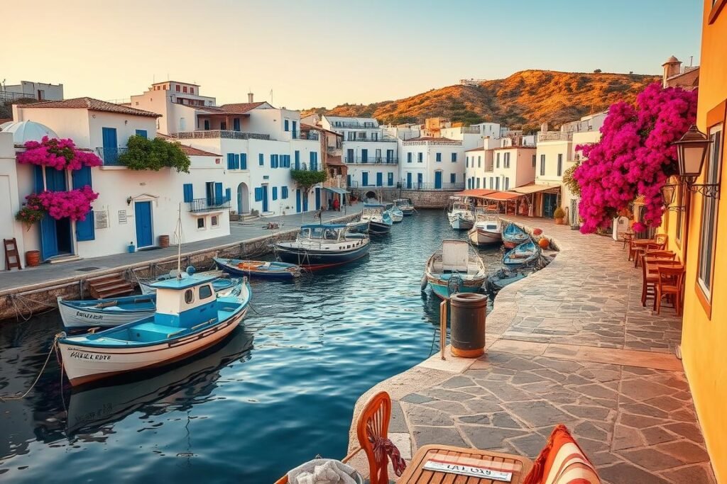The picturesque fishing village of Naoussa in Paros with its white buildings and blue-painted fishing boats, showing why it's among the best Greek islands for first-time travelers