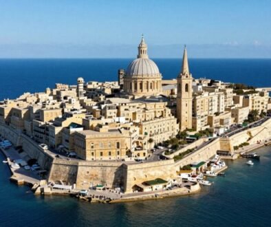 Aerial view of Valletta, Malta's capital city with its historic fortifications and Grand Harbour
