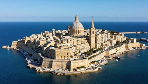 Aerial view of Valletta, Malta's capital city with its historic fortifications and Grand Harbour