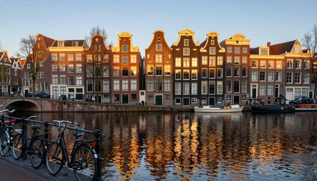 Amsterdam Canal Belt with historic houses reflecting in the water during golden hour