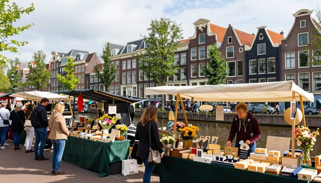 Amsterdam Jordaan neighborhood market with canal in background