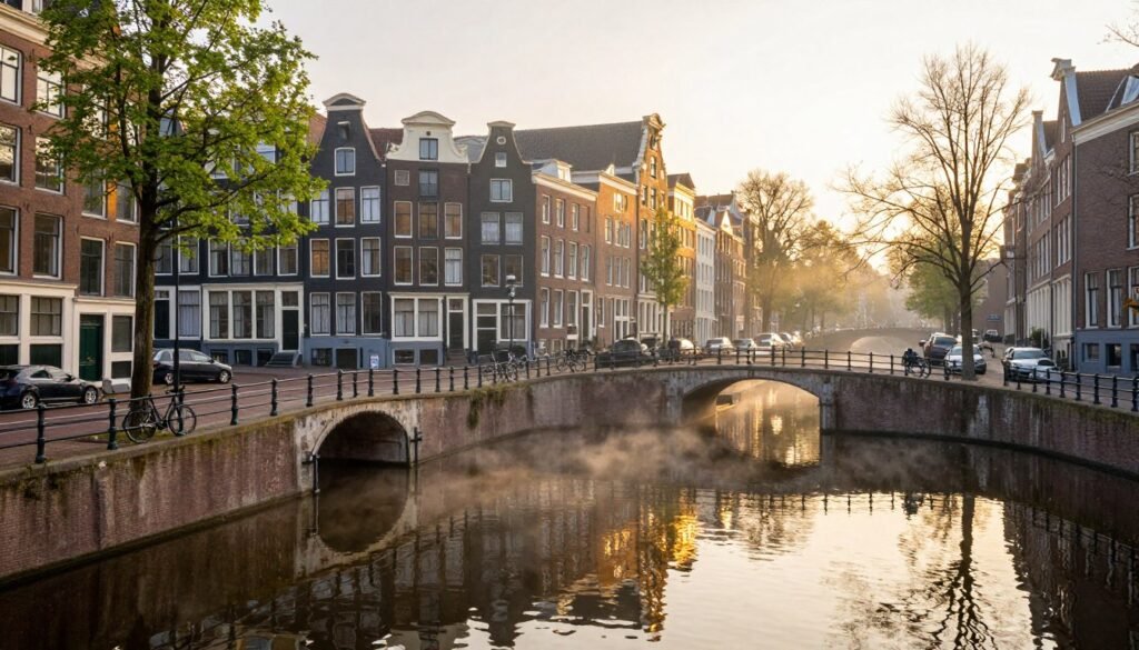 Amsterdam canal at sunrise with early morning light and no crowds
