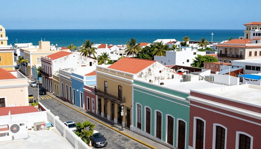 Colorful buildings in Old San Juan, Puerto Rico with the blue ocean visible in the background