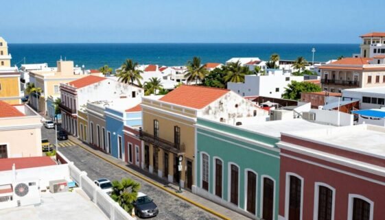 Colorful buildings in Old San Juan, Puerto Rico with the blue ocean visible in the background