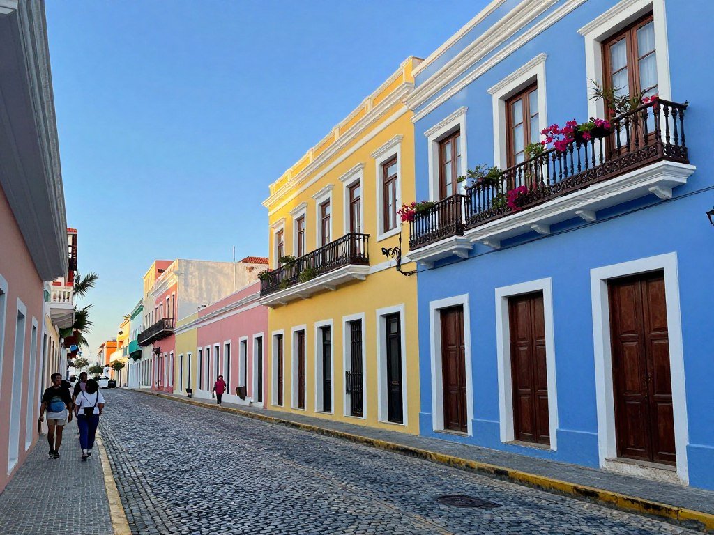 Colorful street in Old San Juan with historic buildings painted in bright blues, yellows, and pinks