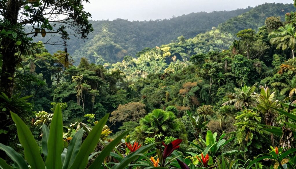 Lush green rainforest canopy of El Yunque National Forest with misty mountains in the background