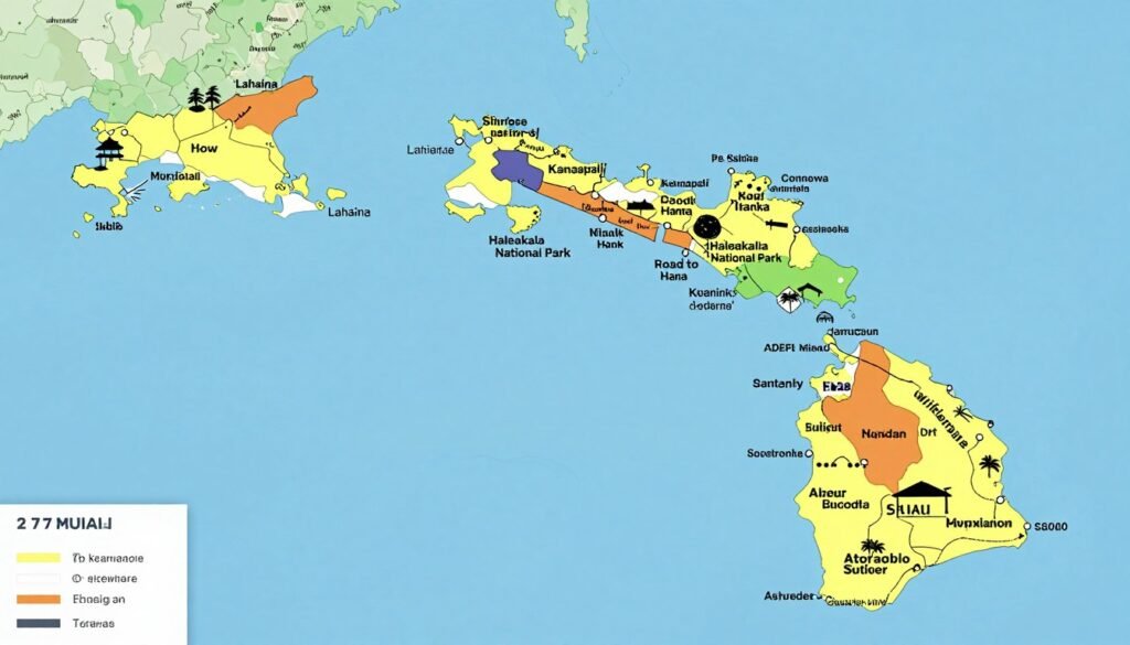 Map of Maui showing key locations for a 7-day Hawaii trip planning itinerary