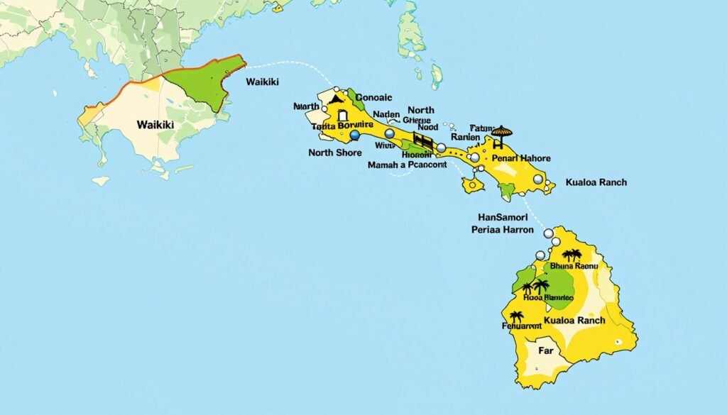 Map of Oahu showing key locations for a 7-day Hawaii trip planning itinerary