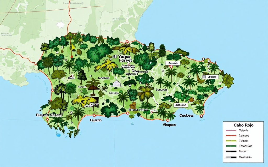 Map of Puerto Rico showing the main destinations in this itinerary including San Juan, El Yunque, and beach areas
