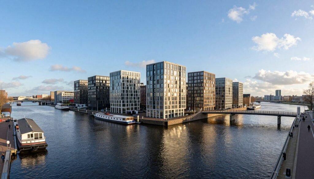 Modern architecture of Amsterdam's Eastern Docklands with water views