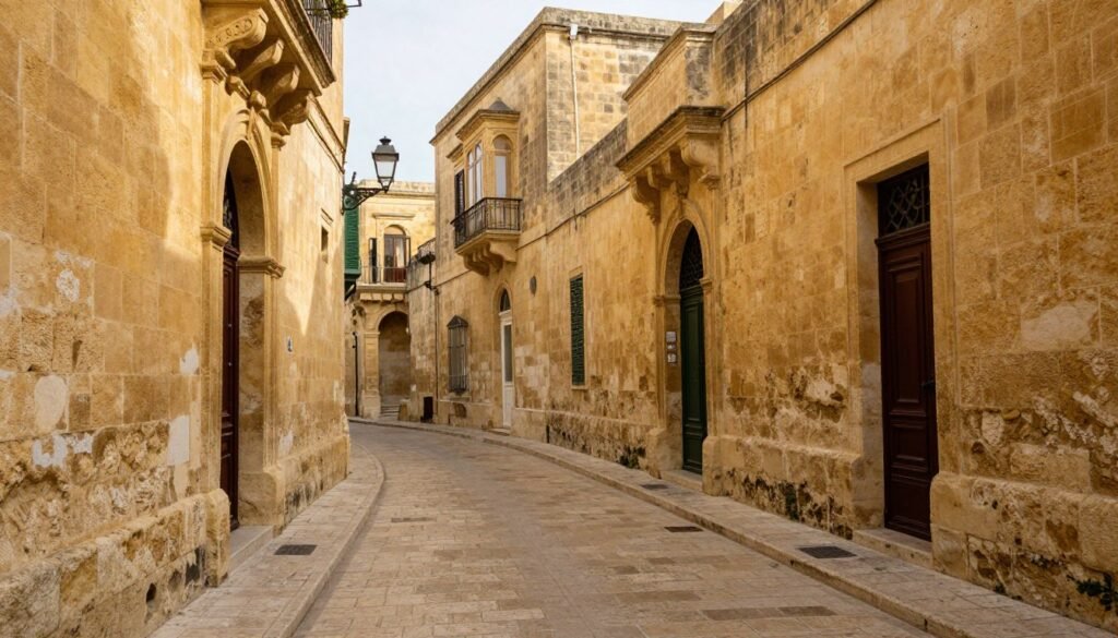 Narrow medieval street in Mdina with traditional Maltese architecture and no crowds