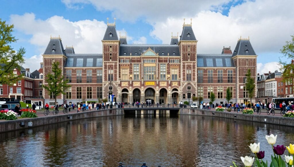 Rijksmuseum in Amsterdam with reflections in the water