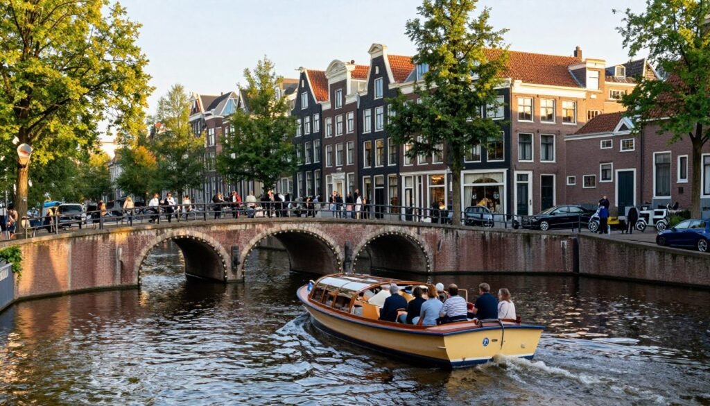 Small open boat canal cruise in Amsterdam passing under a bridge