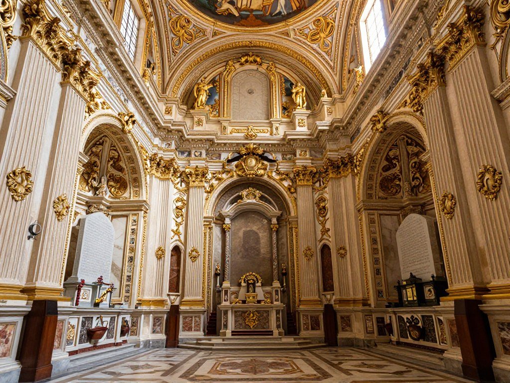 St. John's Co-Cathedral interior in Valletta showing ornate baroque decoration with gold leaf and marble