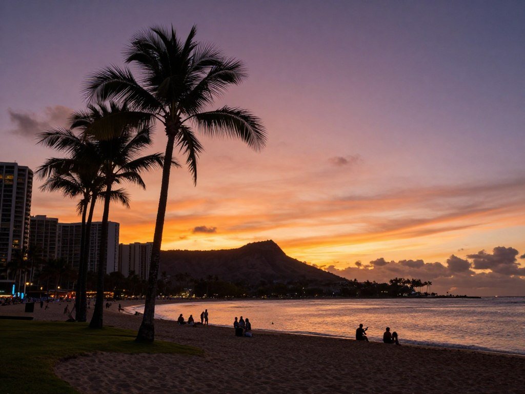 Sunset at Waikiki Beach with palm trees silhouetted, perfect start to Hawaii trip planning