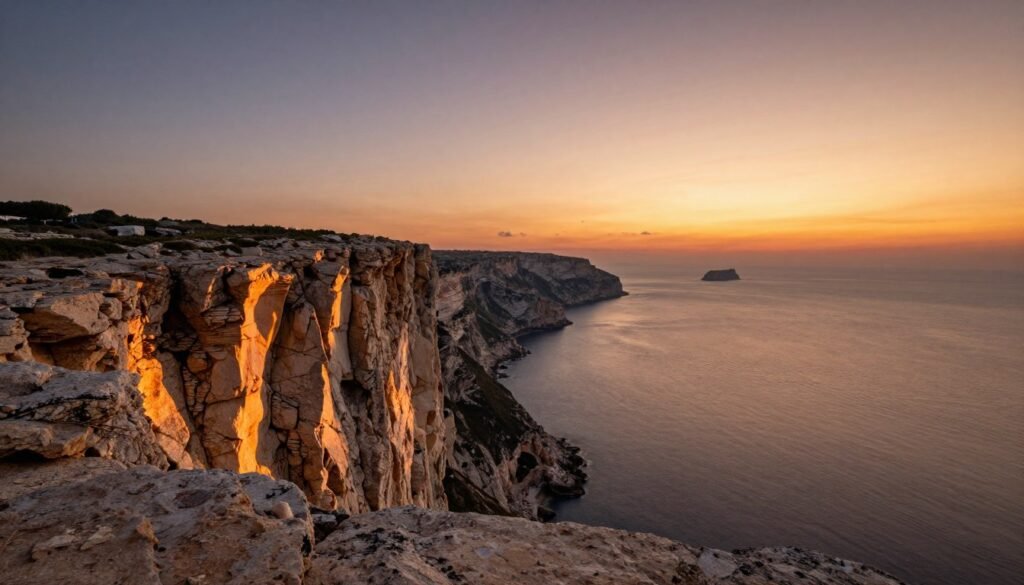 Sunset view from Dingli Cliffs showing dramatic coastline and Mediterranean Sea