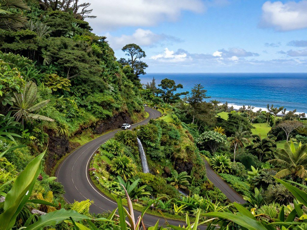 The Road to Hana with lush rainforest and waterfalls, essential for Hawaii trip planning