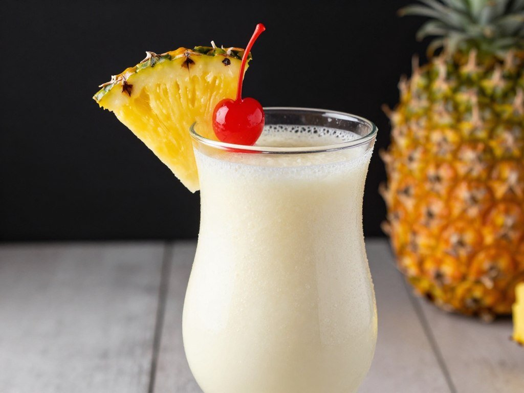 Traditional piña colada cocktail served in a hurricane glass with pineapple and cherry garnish