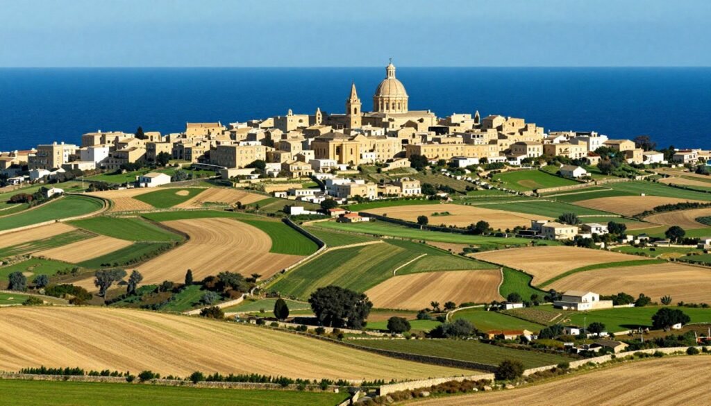 View of Gozo's countryside with terraced fields, village church domes, and Mediterranean backdrop