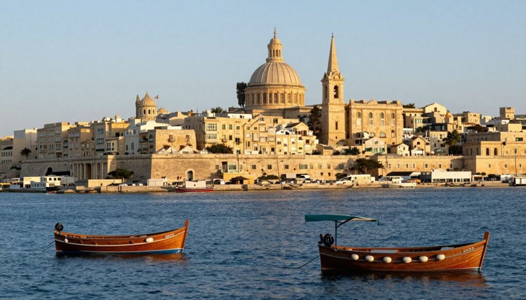 View of the Three Cities across Grand Harbour from Valletta with traditional boats in foreground